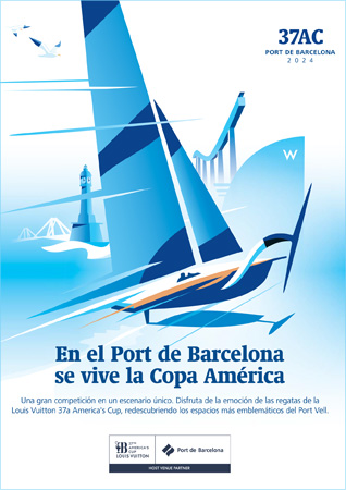 PORT de BARCELONA. IIustración del anuncio Institucional de la 37a Copa América de Vela que la Autoridad Portuaria de Barcelona, como anfitrión y Host Venue Partner, ha realizado para comunicar que esta competición se celebra dentro de su territorio y es parte importante de su desarrollo.+INFO